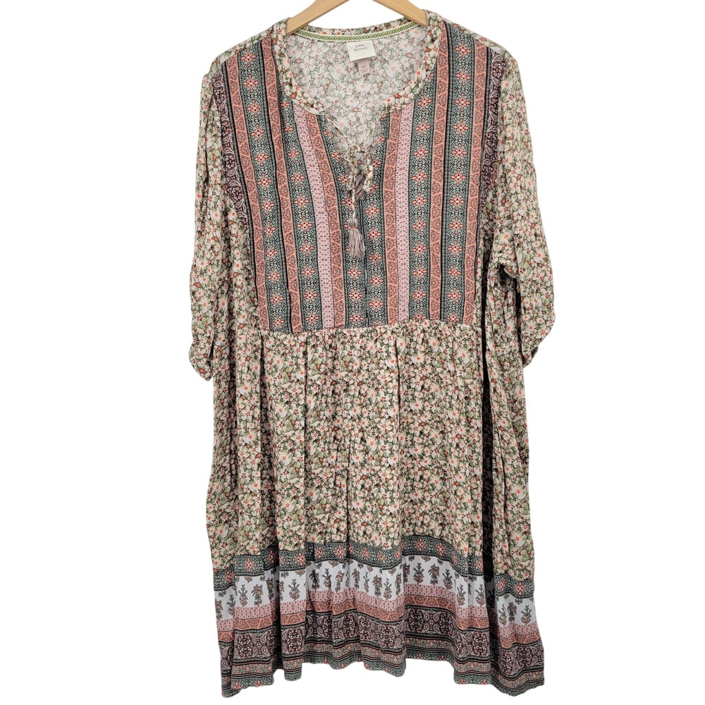 Knox Rose Floral Boho Tassel Dress Women 3X Pink Green Bogo Cottagecore Peasant